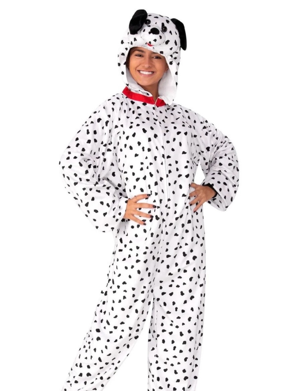 Rubie's Dalmatian Hooded Onesie Costume in White and Black with Red Collar